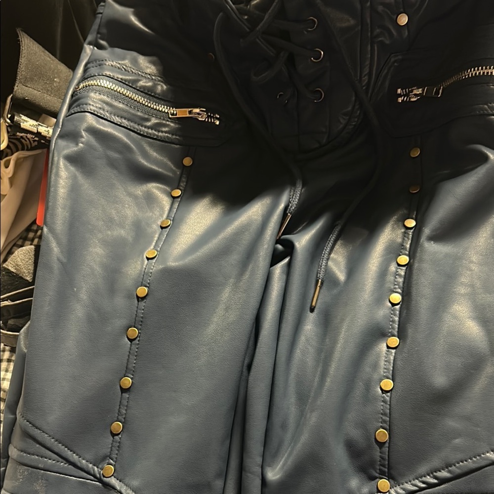 SHEIN Blue Faux Leather Leggings with Gold Studs